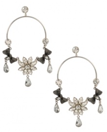 Lovely and ladylike. Betsey Johnson's feminine, fanciful hoop earrings feature a floral theme complemented by mesh bows. Embellished with sparkling crystals, they're crafted in hematite tone mixed metal. Approximate diameter: 2-1/10 inches. Approximate drop: 4-1/3 inches.