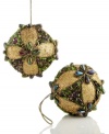 Taking inspiration from the regal peacock, this set of two ornaments feature an abundance of sparkling beads and glitter for an enchanting allure. With gold cord hanging thread.