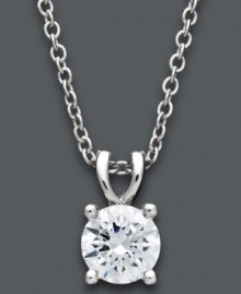 Solitary sparkle. A single, round-cut diamond (1 ct. t.w.) makes a subtle statement on this beautiful 14k white gold pendant. Approximate length: 18 inches. Approximate drop: 3/8 inch. Solitary sparkle. A single, round-cut diamond (1 ct. t.w.) makes a subtle statement on this beautiful 14k white gold pendant. Approximate length: 18 inches. Approximate drop: 3/8 inch.
