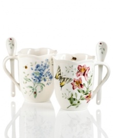 Too sweet, Butterfly Meadow cocoa mugs boast the beloved blooms and butterflies of Lenox in easy-care porcelain. A scalloped edge, details inside and coordinating spoons that set in the handle make them a treat to give and to get. Too sweet, Butterfly Meadow cocoa mugs boast the beloved blooms and butterflies of Lenox in easy-care porcelain. A scalloped edge, details inside and coordinating spoons that set in the handle make them a treat to give and to get.
