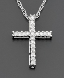 Across her heart… a special cross pendant sparkling bright with round-cut diamonds ( 1/10 ct. t.w.) set in 14k white gold. Diamond necklace chain measures 18 inches; pendant measures 3/4 inches. Across her heart… a special cross pendant sparkling bright with round-cut diamonds ( 1/10 ct. t.w.) set in 14k white gold. Diamond necklace chain measures 18 inches; pendant measures 3/4 inches.