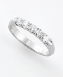 Round-brilliant cut diamonds (1/2 ct. t.w.) are set within the cool luster of 14k white gold for eternal elegance in this colorless diamond ring. Round-brilliant cut diamonds (1/2 ct. t.w.) are set within the cool luster of 14k white gold for eternal elegance in this colorless diamond ring.
