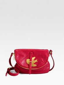 A sleek goldtone bird defines this flap-front design of sumptuous leather. Adjustable shoulder strap, 22½-24¼ dropMagnetic flap closureOne inside open compartmentOne inside zip compartmentLogo-printed lining6¾W X 6H X 1DImported A sleek goldtone bird defines this flap-front design of sumptuous leather. Adjustable shoulder strap, 22½-24¼ dropMagnetic flap closureOne inside open compartmentOne inside zip compartmentLogo-printed lining6¾W X 6H X 1DImported