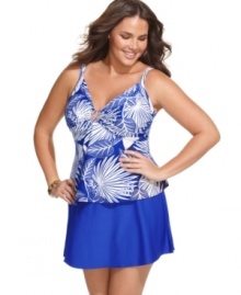 Coco Reef's plus size tankini top features a lush tropical print and a swirling metallic ornament to complete your beach look! Coco Reef's plus size tankini top features a lush tropical print and a swirling metallic ornament to complete your beach look!