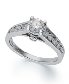 Make the moment even more magical. This beautiful engagement ring features a certified round-cut diamond at center with diamond accents at the shoulders (1 ct. t.w.). Crafted in 14k white gold. Make the moment even more magical. This beautiful engagement ring features a certified round-cut diamond at center with diamond accents at the shoulders (1 ct. t.w.). Crafted in 14k white gold.