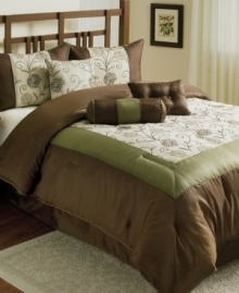 Into the forest. This Delaney comforter set boasts delicate floral embroidery and earthy brown, green and ivory hues for a look rooted in natural simplicity. Comes complete with coordinating shams, bedskirt and decorative pillows to finish your bed in understated charm. Into the forest. This Delaney comforter set boasts delicate floral embroidery and earthy brown, green and ivory hues for a look rooted in natural simplicity. Comes complete with coordinating shams, bedskirt and decorative pillows to finish your bed in understated charm.