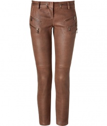 Luxurious pants from Parisian status label Balmain - From very soft, cognac leather - Cool motorcycle look is in, in, in - Low rise and stylish zipper pockets - Slim waistband with belt loops - Slim legs, hammer pants for women with long legs - New cropped 7/8 length - A super hot piece for international trendsetters - Pair with a white cashmere pullover or a fine silk ecru blouse and booties or gladiator sandals Luxurious pants from Parisian status label Balmain - From very soft, cognac leather - Cool motorcycle look is in, in, in - Low rise and stylish zipper pockets - Slim waistband with belt loops - Slim legs, hammer pants for women with long legs - New cropped 7/8 length - A super hot piece for international trendsetters - Pair with a white cashmere pullover or a fine silk ecru blouse and booties or gladiator sandals