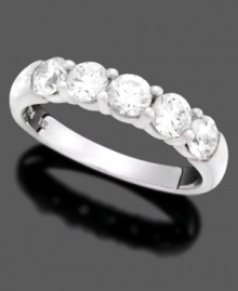 Beauty that takes your breath away. This ring features round-cut diamonds (1 ct. t.w.) set in 14k white gold. Beauty that takes your breath away. This ring features round-cut diamonds (1 ct. t.w.) set in 14k white gold.
