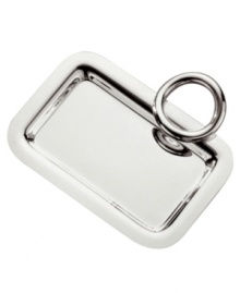 Smooth silver plate renders extra brilliant with the clean, fluid lines of Vertigo giftware. Ideal for keys, coins or jewelry, this small tray features a twisted ring for improved functionality and contemporary flair.