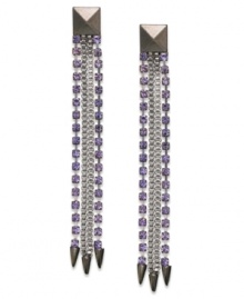 Fashion that gets to the point. Spiked embellishments swing from purple-hued crystal chains on Bar III's drop earrings. Crafted in hematite tone mixed metal. Approximate drop: 3 inches. Fashion that gets to the point. Spiked embellishments swing from purple-hued crystal chains on Bar III's drop earrings. Crafted in hematite tone mixed metal. Approximate drop: 3 inches.
