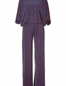 Take a modern stance on cocktail attire with Issas navy and red silk printed jumpsuit, perfect for taking chic days at the office into after-hours elegance - Boat-neckline, 3/4 length draped sleeves, tailored at the waist, open back with a button closure at the nape - Pair with strappy sandals and bright red accessories