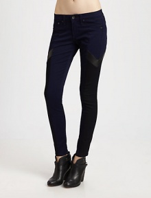 Shift into high-fashion gear with these leggings-style skinnies, defined by contrasting side panels that evoke a sporty vibe. THE FITRise, about 8Inseam, about 30THE DETAILSZip flyFive-pocket styleBody: Cotton/polyurethaneTrim: LeatherDry clean with leather specialistMade in USA of imported fabricModel shown is 5'11 (178cm) wearing US size 4.