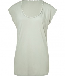 Stylish t-shirt in fine, pure pastel cotton - On-trend in one of the seasons hottest shades, mint green - Deep scoop neck with decorative trim and short sleeves - Rounded hem hangs slightly longer in the back - Slim yet relaxed silhouette - A chic, versatile basic - Pair with a cropped trouser, a skinny jean or Bemrudas and sandals or ballet flats