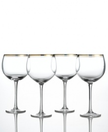 Enrich the table with radiant Charter Club balloon glasses. Two bands of glistening gold add a touch of luxury to simply elegant glass. Enrich the table with radiant Charter Club balloon glasses. Two bands of glistening gold add a touch of luxury to simply elegant glass.