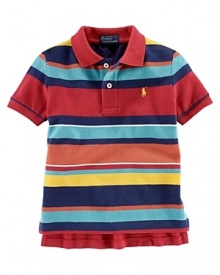 A colorful array of horizontal stripes turns a classic mesh polo into a new favorite. A colorful array of horizontal stripes turns a classic mesh polo into a new favorite.