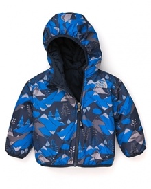 A reversible hooded coat by The North Face® converts to cool blue camougflage. A reversible hooded coat by The North Face® converts to cool blue camougflage.