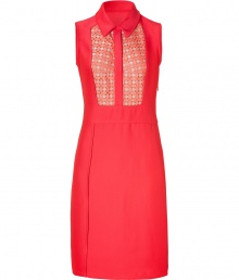 Cheerful sleeveless dress in fine viscose and silk with honeycomb-patterned linen inset - In summers it-color: coral red - High neckline with shirt collar - Thoughtful lines including asymmetric, decorative seam at skirt - Style with a fine cashmere cardigan and ballet flats for daytime, or with a heels at cocktail hour