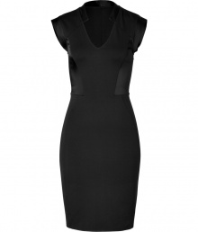 Tailored to perfection in chic jet black, Halston Heritages paneled black sheath is an ultra modern take on the Little Black Dress - V-neckline, cap sleeves, tonal satin side inserts, hidden side zip, kick pleat - Form-fitting, tailored silhouette - Team with ankle boots and statement accessories Tailored to perfection in chic jet black, Halston Heritages paneled black sheath is an ultra modern take on the Little Black Dress - V-neckline, cap sleeves, tonal satin side inserts, hidden side zip, kick pleat - Form-fitting, tailored silhouette - Team with ankle boots and statement accessories