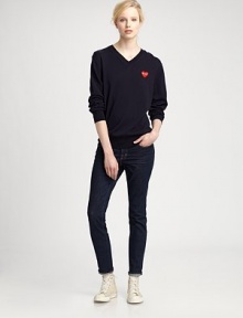 Ultra-soft cotton v-neck with dropped shoulders and a sweet heart design on the chest. V-neck Dropped shoulders Long sleeves Ribbed cuffs and hem Cotton Dry clean Imported Ultra-soft cotton v-neck with dropped shoulders and a sweet heart design on the chest. V-neck Dropped shoulders Long sleeves Ribbed cuffs and hem Cotton Dry clean Imported