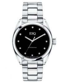 A pristine dress watch that will last a lifetime. This ESQ by Movado watch features a stainless steel bracelet and round case. Black dial with logo and diamond accents at markers. Swiss made. Swiss quartz movement. Water resistant to 30 meters. Two-year limited warranty. A pristine dress watch that will last a lifetime. This ESQ by Movado watch features a stainless steel bracelet and round case. Black dial with logo and diamond accents at markers. Swiss made. Swiss quartz movement. Water resistant to 30 meters. Two-year limited warranty.