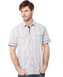 Get checked out. The fine pattern on this short-sleeve shirt from Buffalo David Bitton makes it a hit anywhere you take it.