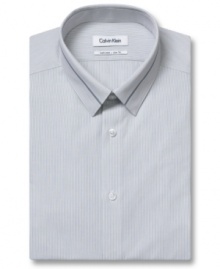 With a subtle pattern, this Calvin Klein slim-fit dress shirt is a cool way to bring a pattern into your wardrobe. With a subtle pattern, this Calvin Klein slim-fit dress shirt is a cool way to bring a pattern into your wardrobe.