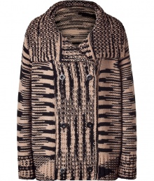 Luxurious cardigan in finely patterned cashmere - Typical Missoni knit look, classy and stylish - In the elegant colors chocolate and cinnamon brown - New, slightly longer cut, double breasted buttons, with a large shawl collar - A dreamy piece, classy AND modern - Crazy versatile, for work and leisure - Pair with a pencil skirt, leather leggings, skinny jeans