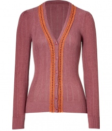 Stylish cardigan in fine, sienna rayon and synthetic blend - Chic, on-trend contrast orange crochet trim - Feminine cut tapers slightly at waist, hits below the hips - Long sleeves, button detail and flattering V-neck - A great basic that is both sophisticated and versatile - Pair with wide-leg trousers or go for a classic look with slim jeans or a pencil skirt