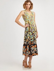 Shirred silk v-neck in a modern, abstract print with a self tie at the waist and ruffled hem. V-neckSleevelessSelf tie at waistRuffled hemAbout 35 from natural waistSilkDry cleanImportedModel shown is 5'10½ (179cm) wearing US size 4. Shirred silk v-neck in a modern, abstract print with a self tie at the waist and ruffled hem. V-neckSleevelessSelf tie at waistRuffled hemAbout 35 from natural waistSilkDry cleanImportedModel shown is 5'10½ (179cm) wearing US size 4.