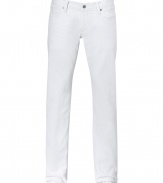 Stylish jeans in fine, pure white cotton denim - Classic low rise five-pocket style with belt loops, zip fly and button closure - Traditional straight cut is well-proportioned, neither too baggy nor too tight - Waist sits slightly higher in the back - Comfortable and casually cool, easily dressed up or down - Pair with a button down and light cashmere pullover or a t-shirt and blazer