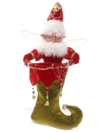 A stocking stuffer like no other, this bespectacled fairy is filled with whimsy from head to elfin toe. With bells, glitter, tinsel and the fantastical look of all Mark Roberts collectibles.