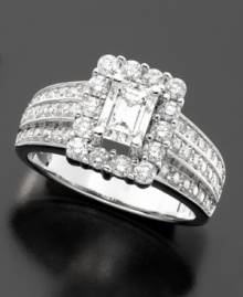 Stunning sophistication. Engagement ring features a gorgeous certified color (I), clarity (SI 1- SI2) emerald-cut center diamond and pretty diamond accents (1-3/4 ct. t.w.). Set in elegant 14k white gold. Stunning sophistication. Engagement ring features a gorgeous certified color (I), clarity (SI 1- SI2) emerald-cut center diamond and pretty diamond accents (1-3/4 ct. t.w.). Set in elegant 14k white gold.