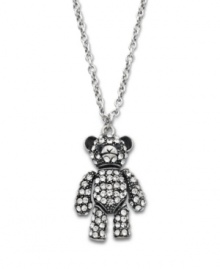 Snuggle up to this sparkling style. Bar III's adorable teddy bear pendant is encrusted with round-cut crystals and crafted from silver tone mixed metal. Approximate length: 30 inches + 3-inch extender. Approximate drop: 2 inches.