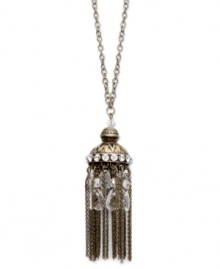 This just in...tassels top the trend report for fall! Freshen your look in Bar III's antique-inspired Arabian tassel pendant. Crafted in gold tone mixed metal, this ornate style features dangling drop chains and clear acrylic accents. Approximate length: 30 inches + 3-inch extender. Approximate drop: 4 inches.