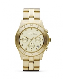 Tap into the men's-inspired trend with MARC BY MARC JACOBS glitzy three-eye chronograph. Wear this golden statement watch to trim nouveau-prep looks. Tap into the men's-inspired trend with MARC BY MARC JACOBS glitzy three-eye chronograph. Wear this golden statement watch to trim nouveau-prep looks.