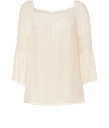 Lovely cream off-the-shoulder silk top from Theory - This feminine-detailed top brings romantic appeal to your wardrobe - Billowy silhouette, smocking and pintuck details, square neckline, 3/4 bell sleeves - Wear with flared jeans, a military-inspired jacket, and stacked heel ankle boots