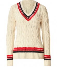 Inject preppy-cool style to your causal look with this chic cricket sweater from Polo Ralph Lauren - V-neck with multicolor stripe, long sleeves, all-over cable knit, slim fit, ribbed sleeves and hem with multi-stripe accent - Wear with skinny jeans, ballet flats, and an oversized satchel