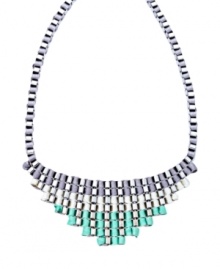 Infuse your look with a pastel palette of color. Bar III's stunning statement necklace features a pyramid designdecorated with ribbons in gray, ivory, and pastel green hues. Set in silver tone mixed metal. Approximate length: 24 inches. Approximate drop length: 2 inches. Approximate drop width: 6-1/2 inches. Infuse your look with a pastel palette of color. Bar III's stunning statement necklace features a pyramid designdecorated with ribbons in gray, ivory, and pastel green hues. Set in silver tone mixed metal. Approximate length: 24 inches. Approximate drop length: 2 inches. Approximate drop width: 6-1/2 inches.