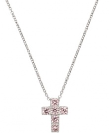 Devotionally designed. The perfect gift for a first communion, CRISLU's children's cross pendant features sparkling, round-cut cubic zirconias (1/3 ct. t.w.) in pretty pink hues. Crafted in platinum over sterling silver. Approximate length: 13 inches + 1-1/2-inch extender. Approximate drop: 1/2 inch.