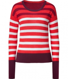 Trend favorite stripes get an optically alluring remix in Marc by Marc Jacobs tri-tone pullover, perfect for pulling together urban-cool looks - Scooped neckline, long sleeves, dropped shoulders, fine ribbed trim, slim fit - Pair with coated skinnies and edgy ankle boots