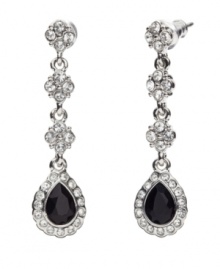 A classic design, a fabulous find. Monet's drop earrings feature crystal-accented clusters leading to a stunning pear-shaped jet stone surrounded by crystal. Approximate drop 1-1/4 inches.