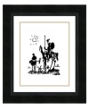 Fitting for a home office or library, this art print features Pablo Picasso's depiction of Spanish literary icon Don Quixote. The artist's simple strokes converge in an unassuming, black-and-white masterpiece. Black edges and striations accent brown wood for a frame with rich, sophisticated appeal.