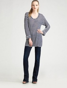 Allover stripes pop on easy modal-silk with long cuffed sleeves. Crewneck Cuffed sleeves About 32 from shoulder to hem One size fits most 90% modal/10% polyester; dry clean Made in USA Additional Information Women's Premier Designer & Contemporary Size Guide 