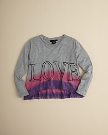 Fall in love with this lovely tie-dye top from Flowers by Zoe, featuring a prominent heart and LOVE print on the front and heart print on the back. Fall in love with this lovely tie-dye top from Flowers by Zoe, featuring a prominent heart and LOVE print on the front and heart print on the back.