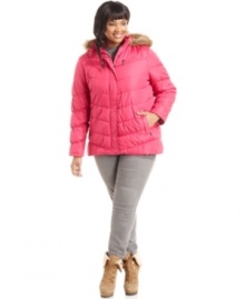 Stay cute in a big chill with Dollhouse's plus size puffer jacket, featuring a faux fur hood.