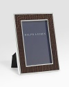 An elegant, silverplated brass frame, wrapped in alligator-embossed leather. Arrives in a gift box Accommodates a 5 X 7 photograph Overall: 7 X 9 Imported 