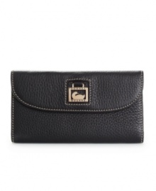 Dooney & Bourke's sophisticated leather continental wallet shows off its organization skills in style. Dooney & Bourke's sophisticated leather continental wallet shows off its organization skills in style.