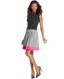 Anne Klein's A-line dress gets a beautiful boost from a houndstooth-print skirt with a band of bright pink at the hem.