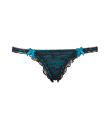 Get the sultry glamorous look of a vintage 1950s pin up girl in Von Follies by Dita Von Teeses black and deep rich turquoise stretch mesh thong - Sheer black stretch lace over deep rich turquoise front, tonal stitched satin trim, ruffled stretch lace trim, sheer mesh back - Thong back - Wear with the matching balconette bra for a seriously seductive look Get the sultry glamorous look of a vintage 1950s pin up girl in Von Follies by Dita Von Teeses black and deep rich turquoise stretch mesh thong - Sheer black stretch lace over deep rich turquoise front, tonal stitched satin trim, ruffled stretch lace trim, sheer mesh back - Thong back - Wear with the matching balconette bra for a seriously seductive look