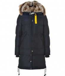 Whether youre hitting the city or the slopes this season, Parajumperss navy down coat is a sporty-luxe cold-weather essential - Water- and wind-resistant outer has an elegant, light sheen - Slim cut, quilted style hits above the knee - Full zip and snap closure - Raccoon-trimmed hood features a rabbit lining - Drawstring ties at hem, two oversize diagonal pockets at hips - Fashionable and functional, a stylish must for all casual winter looks